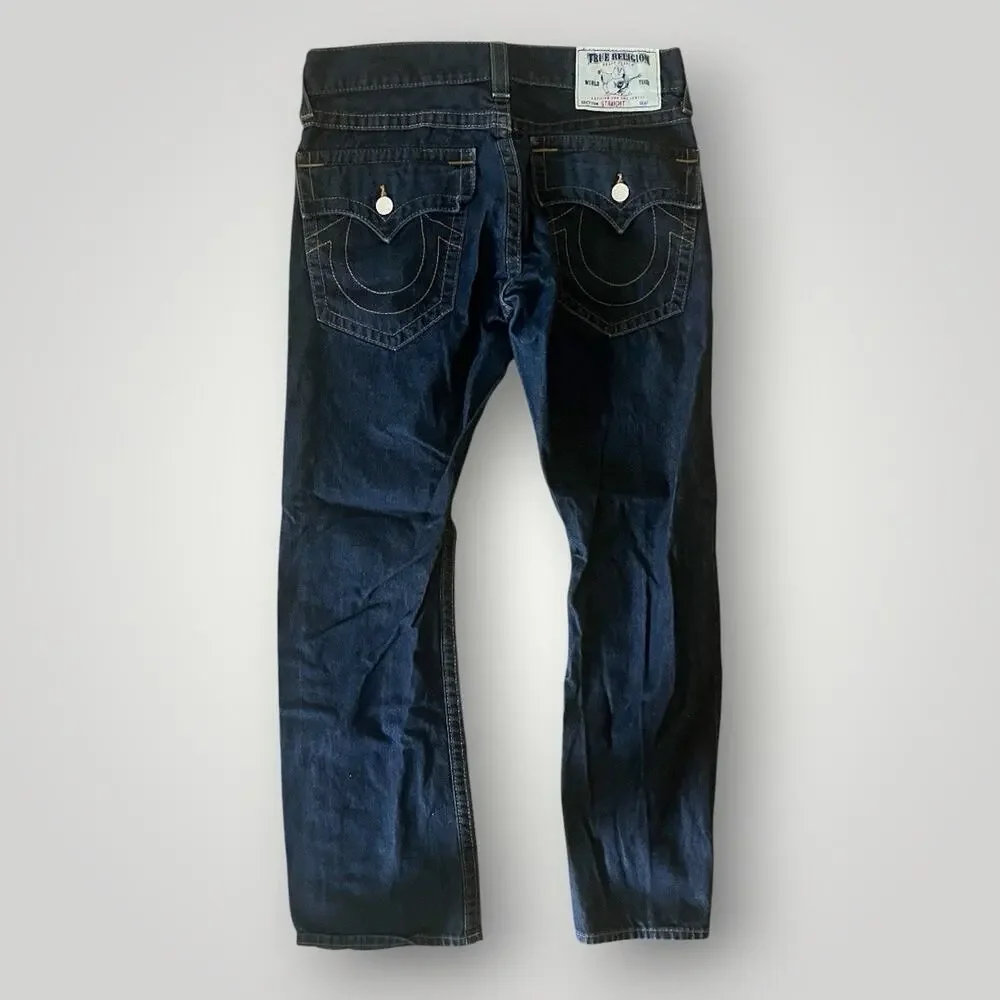 SIZE 33 - True Religion Indigo Blue Jeans Straight Let Fashion TR Denim Flap